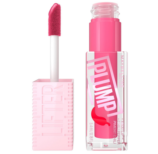 MAYBELLINE Lifter Gloss Lifter Plump, Plumping Lip Gloss with Chili Pepper and 5% Maxi-Lip, Pink Sting, Sheer Bubblegum Pink