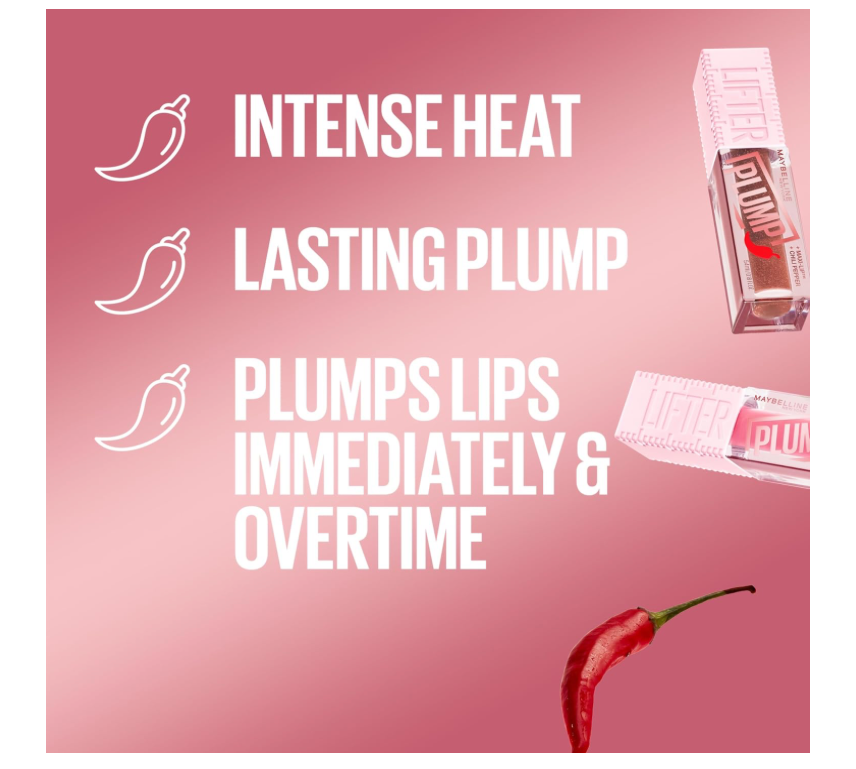 MAYBELLINE Lifter Gloss Lifter Plump, Plumping Lip Gloss with Chili Pepper and 5% Maxi-Lip, Pink Sting, Sheer Bubblegum Pink